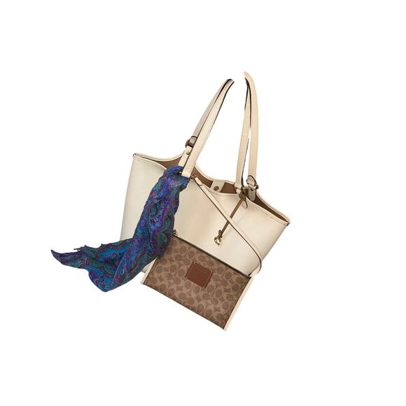 COACH Authentic City Tote White Brown Signature Canvas Large w/ Zip Pouch $295 - Picture 11 of 15